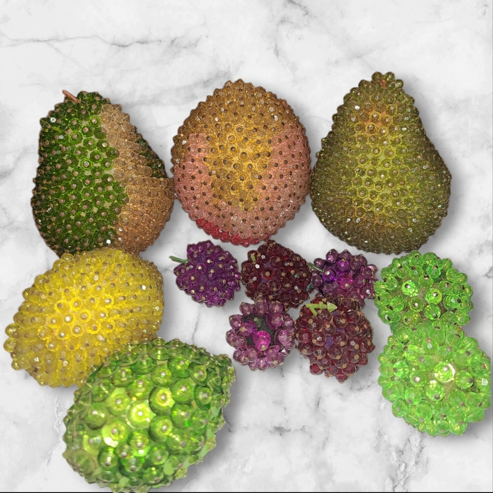 Vintage Mid-Century Push Pin Sequined Beaded Faux Fruit Decor Handmade Lot Of 12